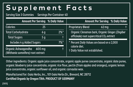 Gaia Herbs Organic Ashwagandha Gummies, Stress Support, Cinnamon, Ginger, Gluten Free, Vegan, 120 Count