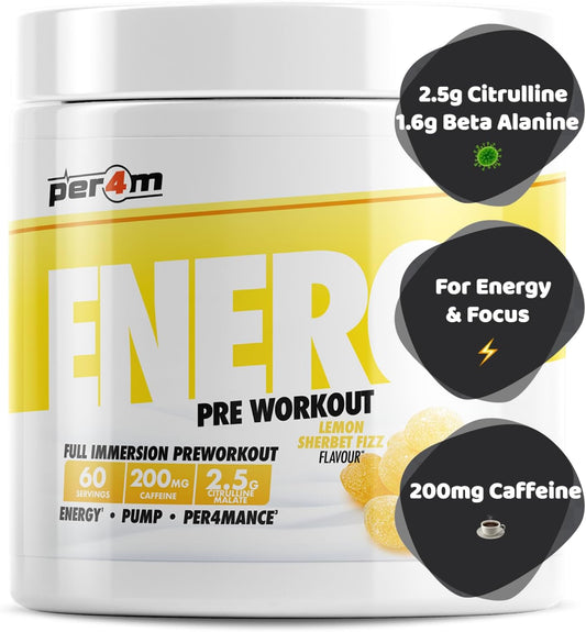 Per4M Energy Pre Workout With Amino Acids | Caffeine, Tyrosine, Citrulline & Theobromine | Endurance, Focus & Sustained Power | 60 Servings (390G, Lemon Sherbet Fizz)