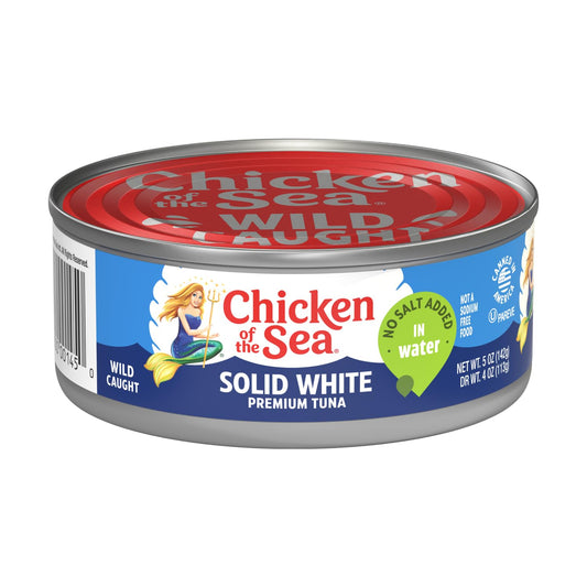 Chicken of the Sea Solid White Premium Albacore Tuna in Water, No Salt Added, Wild Caught Tuna, 5- Ounce Can (Pack of 24)