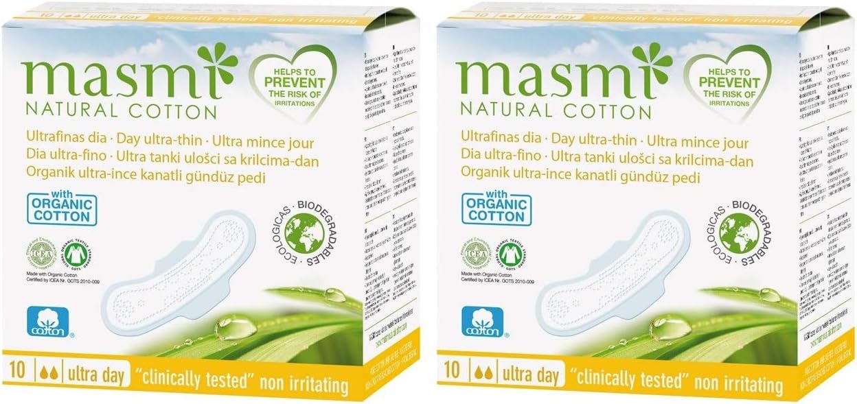 Masmi Ultra Thin Day Pads With Wings Individually Wrapped Certified Organic Cotton Hypoallergenic Biodegradable Perfume Viscose Rayon Chlorine And Dioxin Free… (Twin Pack)