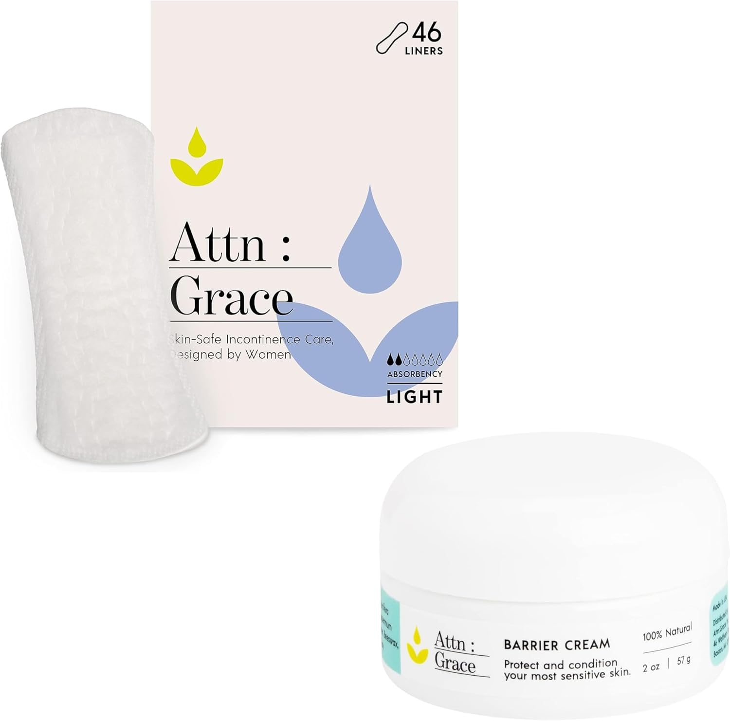 Attn: Grace Panty Liners And Nourishing Barrier Cream For Women - 46 Liners & 2Oz Barrier Cream | For Light Urinary Incontinence, Bladder Leakage Or Postpartum - 100% Breathable & Plant-Materials