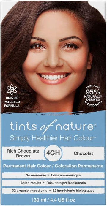 Tints Of Nature 4Ch Rich Chocolate Brown Permanent Hair Dye, Nourishes Hair And Covers Greys, Ammonia-Free, 130Ml