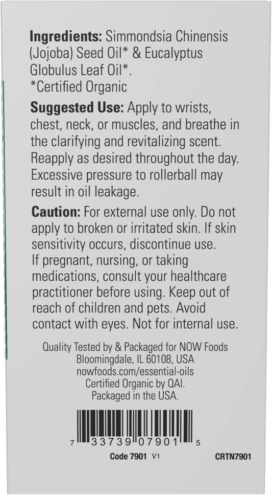 Now Essential Oils, Eucalyptus Roll-On, Certified Organic, Clarifying Blend, Steam Distilled, Topical Aromatherapy, 10-Ml (Pack Of 2)