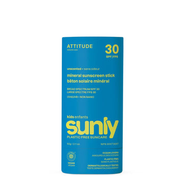 ATTITUDE Mineral Sunscreen Stick for Kids, SPF 30, EWG Verified, Plastic-Free, Broad Spectrum UVA/UVB Protection with Zinc Oxide, Dermatologically Tested, Vegan, Unscented, 2.1 Ounces