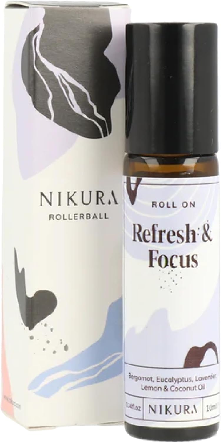 Nikura Refresh & Focus Roll On Essential Oil Blend - 10Ml | For Study, Focusing, Anxiety, Aromatherapy | Use On Skin, Temples, Pulse Points, Wrists, Neck