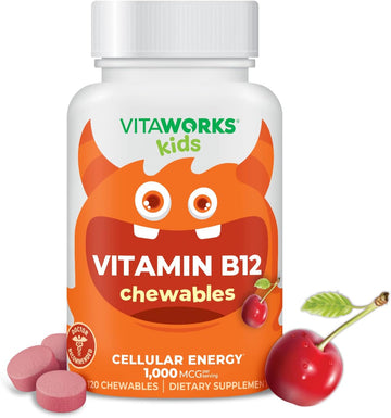 Kids Vitamin B12 1000 mcg Chewable Tablets - Tasty Natural Cherry Flavor - Vegan, GMO-Free, Gluten Free, Nut Free - Dietary Supplement - Cellular Energy Vitamins for Children - 120 Chewables