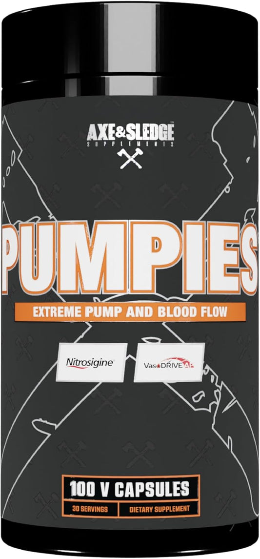 Axe & Sledge Supplements Pumpies Nitric Oxide Booster With Vasodrive-Ap And Nitrosigine, Increase Pumps, Performance, And Recovery, 20 Servings, 100 Capsules