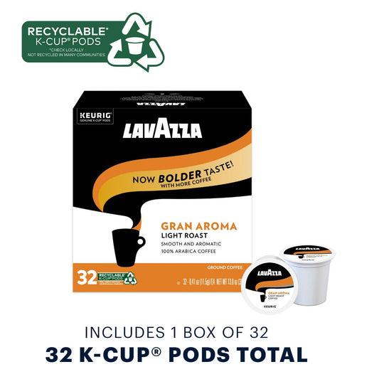 Lavazza Gran Aroma Single-Serve Coffee K-Cup® Pods For Keurig® Brewer, 32 Count (Pack Of 4) Balanced Light Roast With Floral Aroma And Notes Of Citrus, 100% Arabica