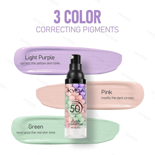 Kyda Color Correcting Primer,Spf Makeup 50 Pa+++,Color Correcting Serum, Moisturizing Makeup Primer, One Step Brightening Primer To Even Skin Tone, Oil Control Skin Corrector,Purple Pink Green