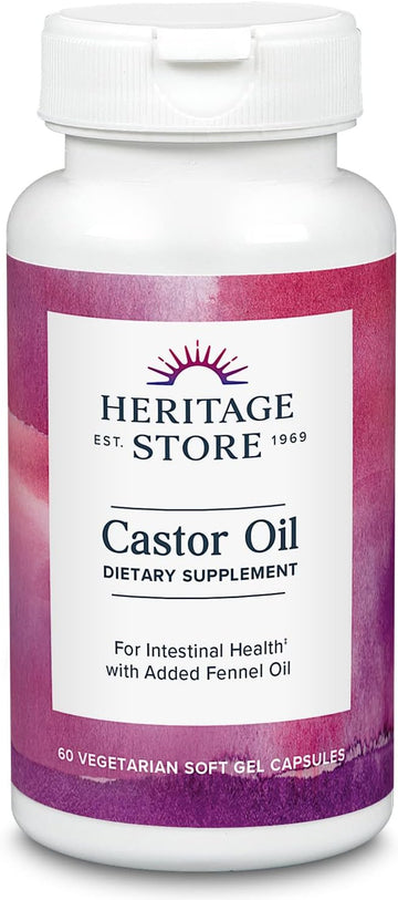 HERITAGE STORE Castor Oil Supplement 725 mg, Healthy Cleansing, Intestinal Balance & Digestion Support,* with Added Fennel Oil, 60 Servings, 60 Vegetarian Capsules
