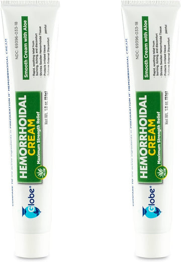 Globe (2 Pack) Hemorrhoid Cream, Relief With Aloe, (1.8 Ounce Tube) Relief From Hemorrhoids, Piles, Itching, Burning, Discomfort, & More