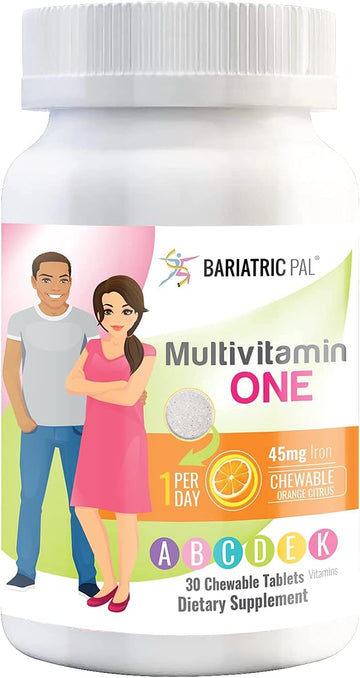 BariatricPal Multivitamin ONE 1 per Day! Bariatric Multivitamin Chewable with 45mg Iron - Orange Citrus (30 Count)