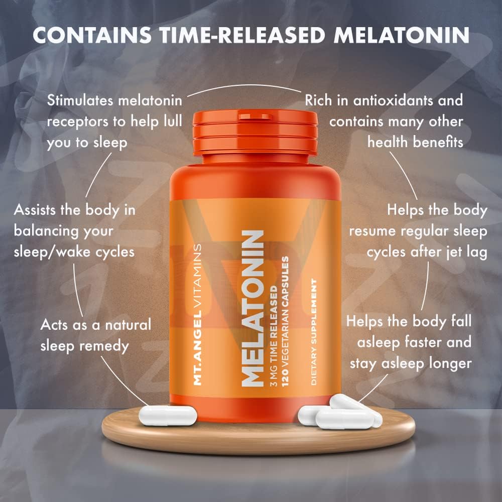 Mt. Angel Vitamins - Melatonin, 3MG Time Released (120 Vegetarian Capsules) : Health & Household