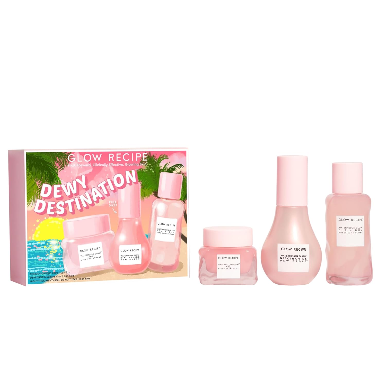 Glow Recipe Dewy Destination Skin Care Set - Watermelon Glow Pha + Bha Pore-Tight Toner (40Ml) + Niacinamide Serum Dew Drops (40Ml) + Overnight Aha Treatment (60Ml) - Vegan Skincare For Glowing Skin