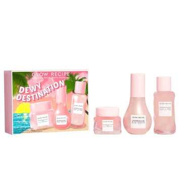 Glow Recipe Dewy Destination Skin Care Set - Watermelon Glow Pha + Bha Pore-Tight Toner (40Ml) + Niacinamide Serum Dew Drops (40Ml) + Overnight Aha Treatment (60Ml) - Vegan Skincare For Glowing Skin