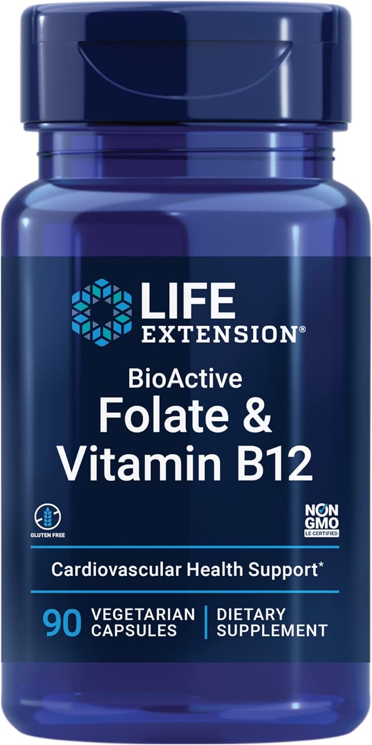 Life Extension Vitamin B6 250 mg, 100 Vegetarian Capsules & Folate & Vitamin B12, Vegetarian Capsules, White, 90 Count : Health & Household