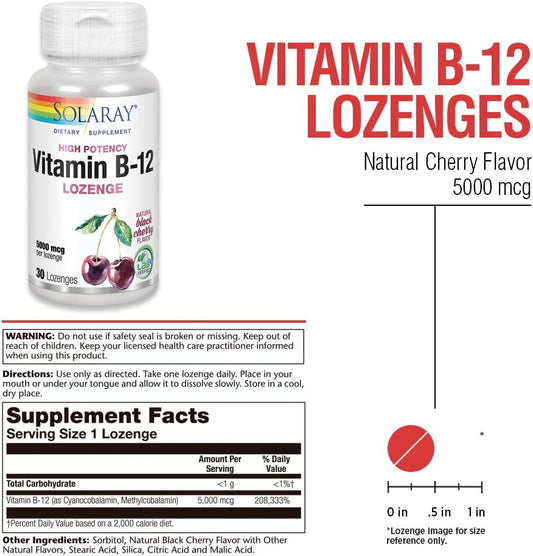 SOLARAY Vitamin B-12 5000mcg Lozenges | Natural Cherry Flavor | Healthy Energy & Nerve Function Support | 30ct