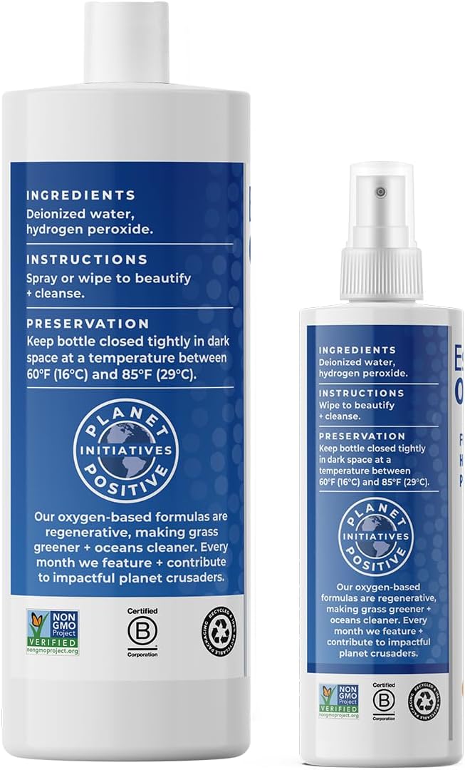 Essential Oxygen, Food Grade Hydrogen Peroxide, 8 + 32 fl oz, Natural Cleaner, 3%, 1 - 8 fl oz spray and 1 - 32 fl oz bottle, Refill, HP (Pack of 2) : Health & Household