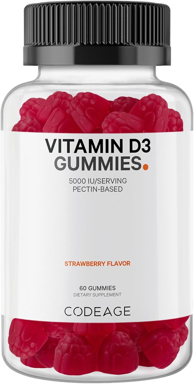 Codeage Vitamin D3 Gummy Vitamins, Vitamin D3 5000 Iu Gummies Cholecalciferol 125 Mcg, Soft Pectin-Based, Animal Gelatin-Free Gummy, Bones & Heart, Tasty Strawberry, Gluten-Free, Non-Gmo - 60 Count