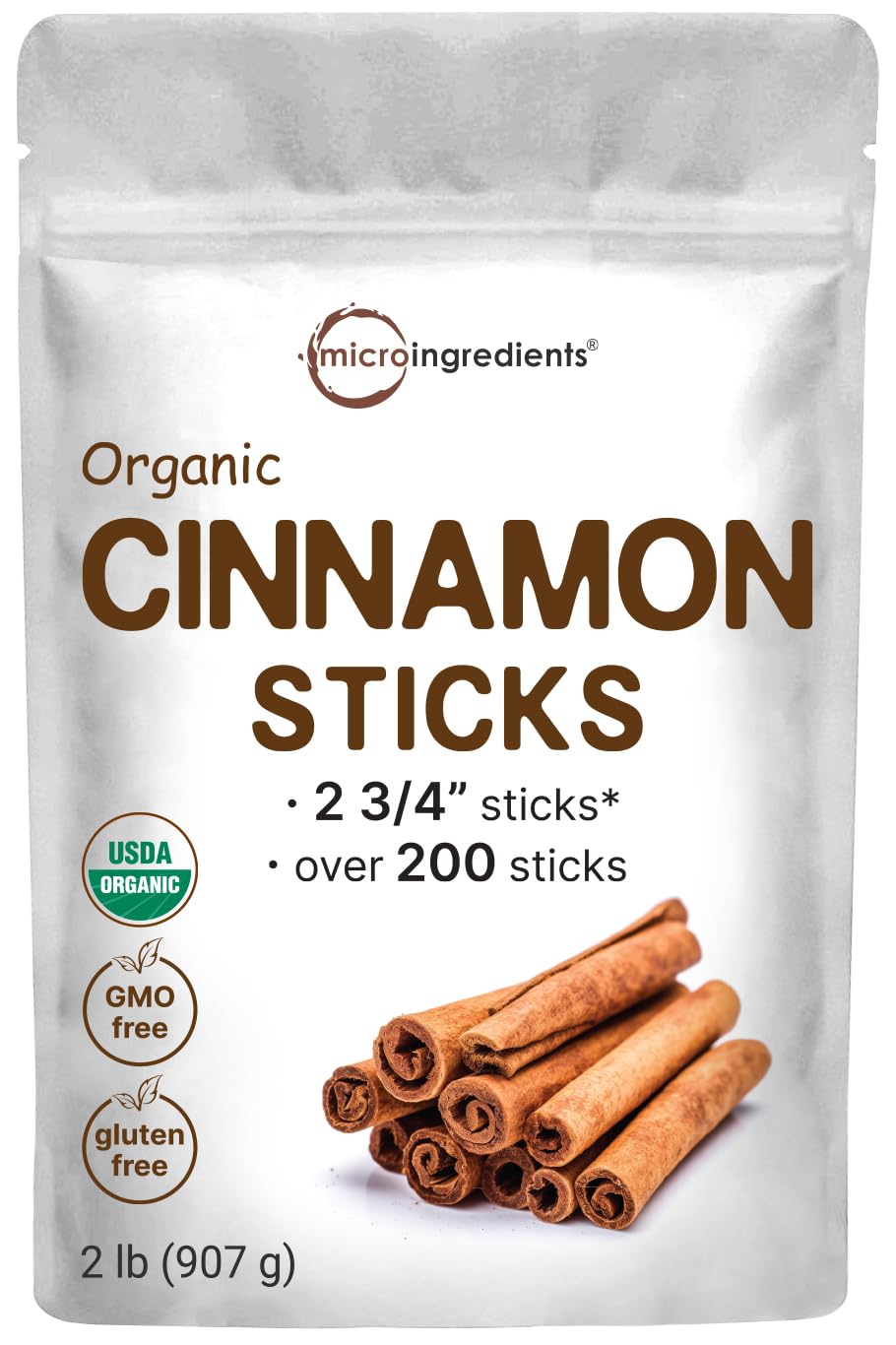 Micro Ingredients Organic Cinnamon Sticks Whole, 2Lbs (200+ Sticks) | 2 ¾” Stick Size | Raw Cinnamon Spice Flavor & Aroma | Great For Tea, Desserts Or Cooking | Non-Gmo, Vegan Friendly, Bulk Supply