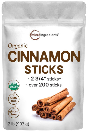 Micro Ingredients Organic Cinnamon Sticks Whole, 2Lbs (200+ Sticks) | 2 ¾” Stick Size | Raw Cinnamon Spice Flavor & Aroma | Great For Tea, Desserts Or Cooking | Non-Gmo, Vegan Friendly, Bulk Supply