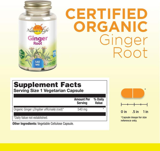 Nature's Life Organic Ginger Root 540 Supplement | Healthy Digestion, Immune and Cardiovascular Support | 100 CT