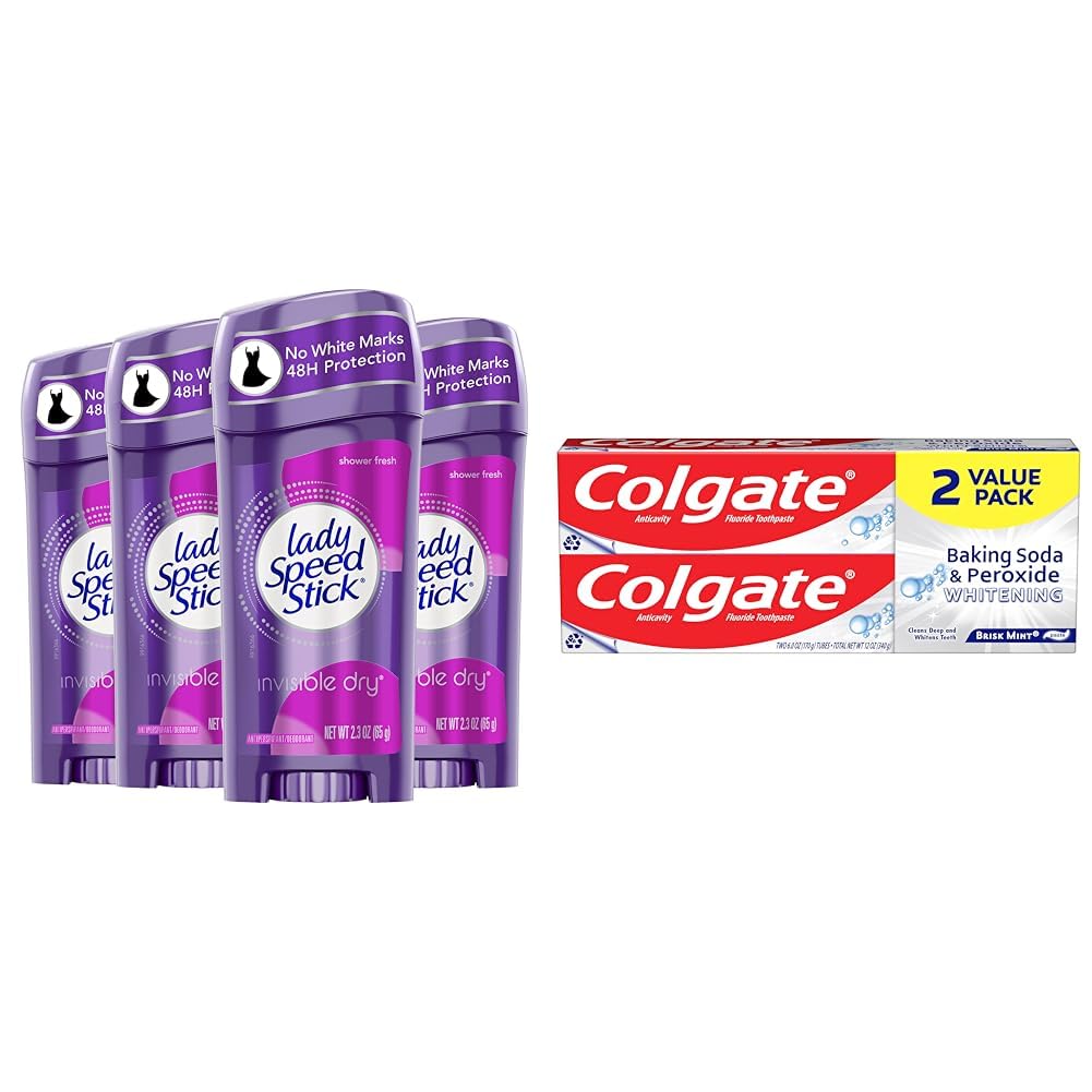 Lady Speed Stick Invisible Dry Antiperspirant Deodorant, Shower Fresh, 2.3Oz, 4 Pack & Colgate Baking Soda & Peroxide Toothpaste - Whitens Teeth, Fights Cavities & Removes Stains