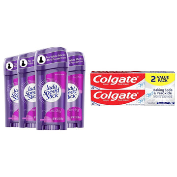 Lady Speed Stick Invisible Dry Antiperspirant Deodorant, Shower Fresh, 2.3Oz, 4 Pack & Colgate Baking Soda & Peroxide Toothpaste - Whitens Teeth, Fights Cavities & Removes Stains