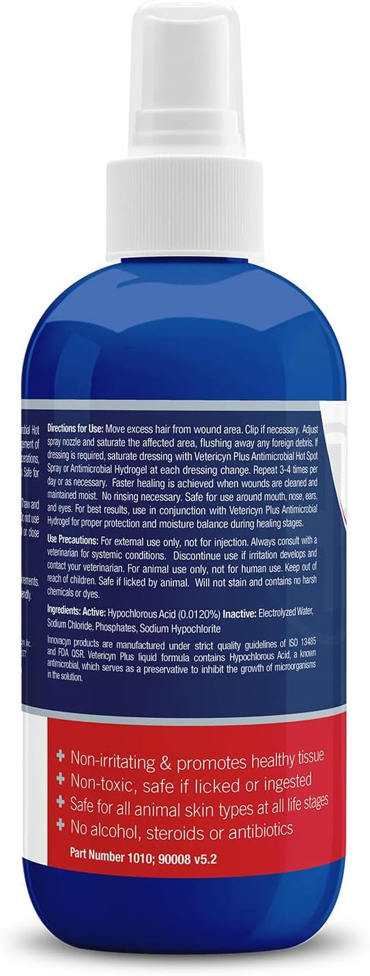 Vetericyn Plus Hot Spot Spray for Dogs Skin Sores and Irritations | Itch Relief for Dogs and Prevents Chewing and Licking at Skin, Safe for All Animals. 8 Ounces