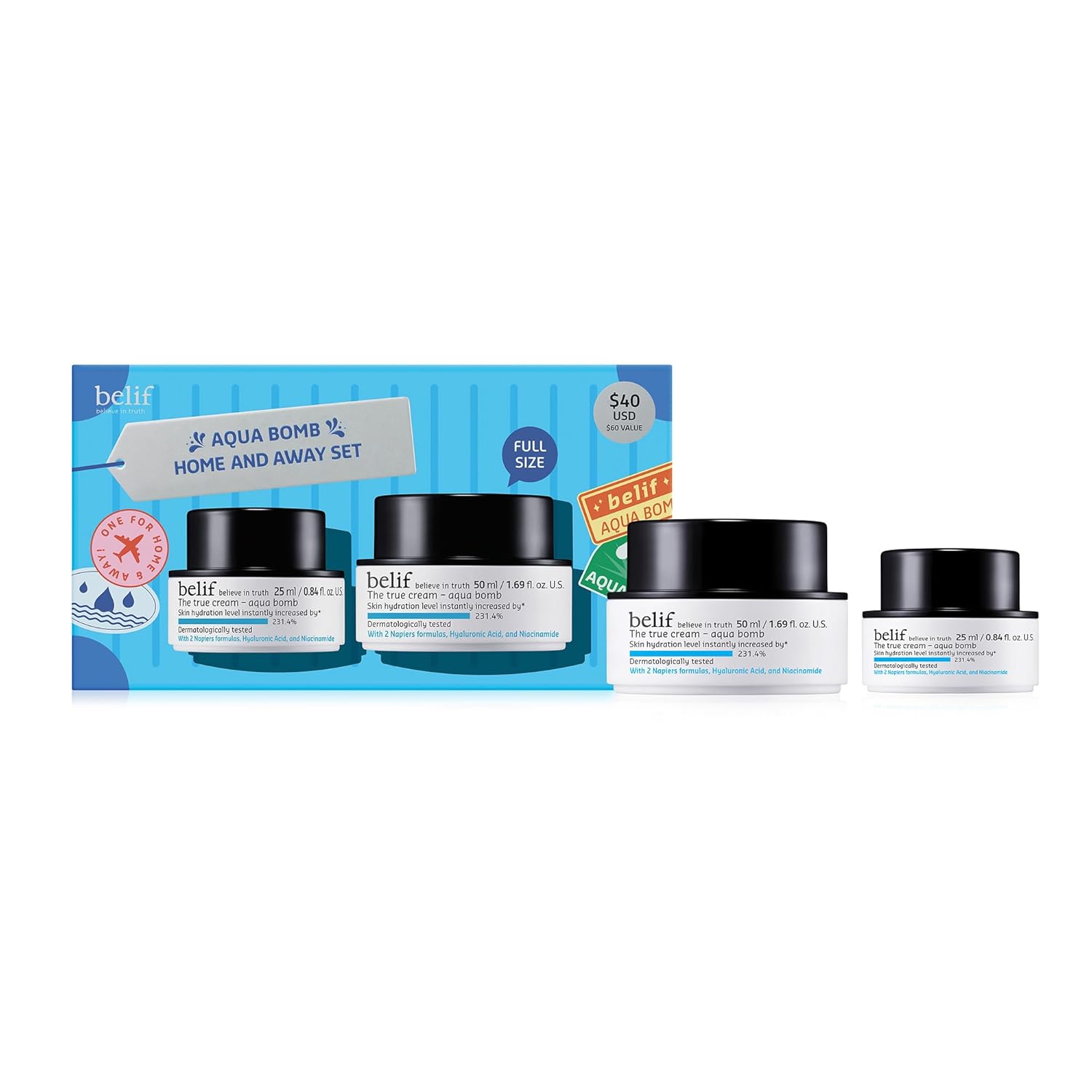 Belif Aqua Bomb Home & Away Set: Full Size & Mini Aqua Bomb Daily Lightweight Face Moisturizer