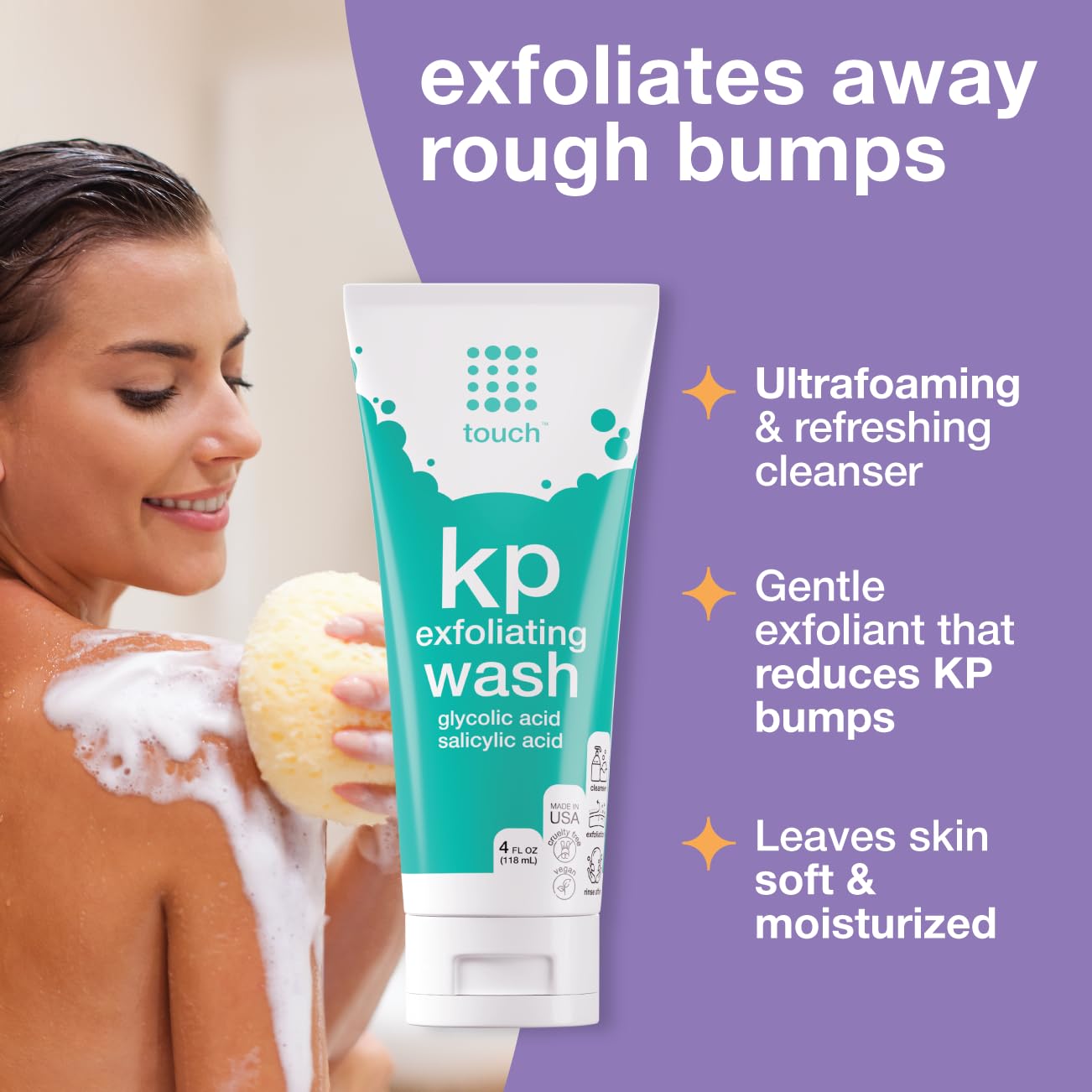TOUCH Keratosis Pilaris Exfoliating Body Wash Cleanser - KP Body Wash with 15% Glycolic Acid, Aloe Vera, & Hyaluronic Acid - 4 Ounce : Beauty & Personal Care