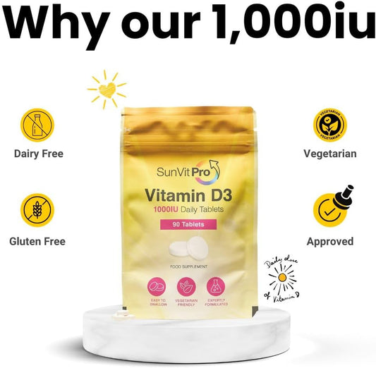 Sunvit-D3 Vitamin D 1000Iu - Cholecalciferol Vitamin D Tablets 1000Iu Support The Maintenance Of Bone, Teeth, Muscle & Immune System | Uk Made, Gmp Approved, Dairy & Gluten Free D3 Vitamins 90 Tablets