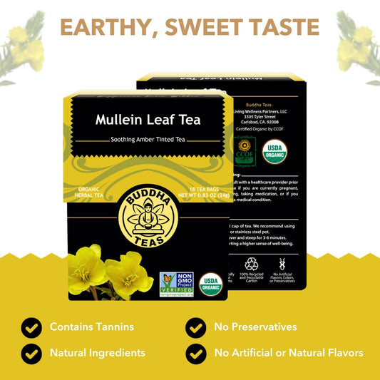 Buddha Teas - Mullein Leaf - Organic Herbal Tea - For Health & Wellbeing - With Antioxidants, Minerals & Vitamin C - Caffeine Free - 100% Kosher & Non-Gmo - 18 Tea Bags (Pack Of 1)