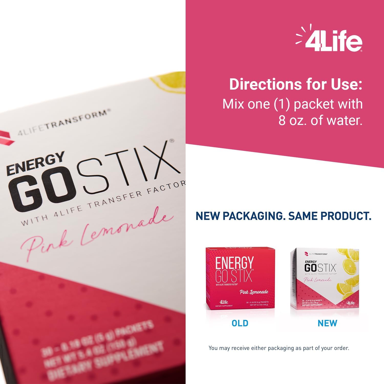 4Life Energy Go Stix - Healthy Energy Source - Pink Lemonade Drink Mix - Contains Natural Caffeine from Guarana, Maca, Yerba Mate, and Green Tea Leaf Extract - 30 Packets : Health & Household