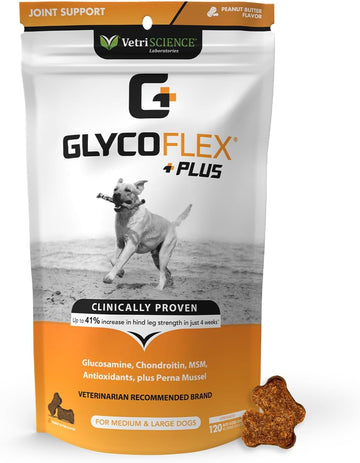 VetriScience Glycoflex Plus, Clinically Proven Hip and Joint Supplement for Dogs - Advanced Dog Supplement with Glucosamine, Chondroitin, MSM, Green Lipped Mussel & DMG - Peanut Butter, 120 Chews?