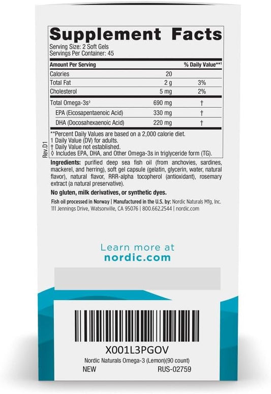Nordic Naturals Omega-3, Lemon Flavor - 90 Soft Gels - 690 Mg Omega-3 - Fish Oil - Epa & Dha - Immune Support, Brain & Heart Health, Optimal Wellness - Non-Gmo - 45 Servings