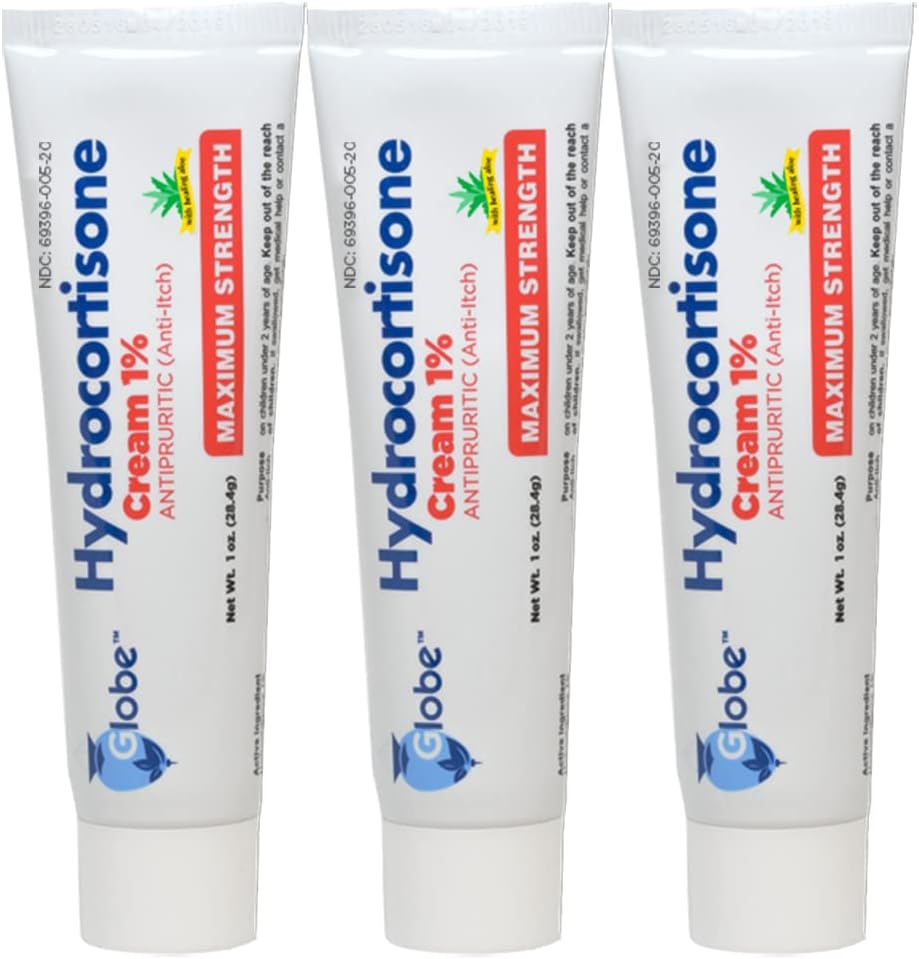 (3 Pack) Globe Hydrocortisone Maximum Strength Cream 1% W/Aloe, Anti-Itch Cream For Redness, Swelling, Itching, Rash, Bug/Mosquito Bites, Eczema, Hemorrhoids & More