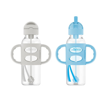 Dr. Brown's Milestones Narrow Sippy Straw Bottle, Spill-Proof with 100% Silicone Handles and Weighted Straw, 8 oz/250 mL, Gray & Blue, 6m+ : Baby