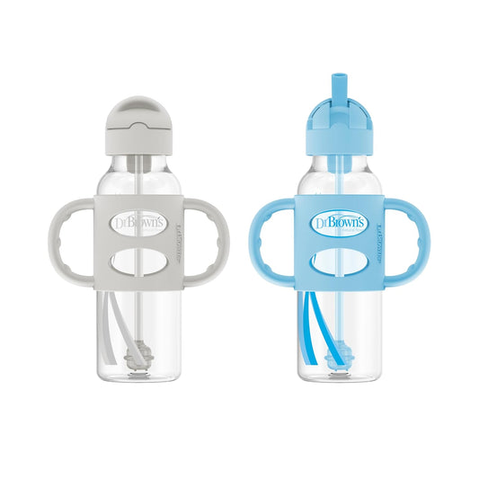 Dr. Brown's Milestones Narrow Sippy Straw Bottle, Spill-Proof with 100% Silicone Handles and Weighted Straw, 8 oz/250 mL, Gray & Blue, 6m+ : Baby