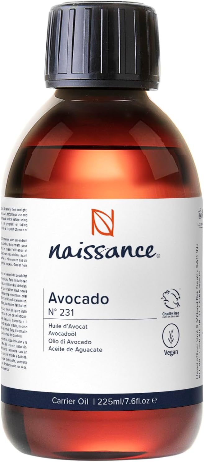 Naissance Avocado Oil (No. 231) - 225ml - Natural, Vegan - Moisturiser for Skin, Face, Nails, Body, Hair, Growth, Nails, Soap Making, Massage