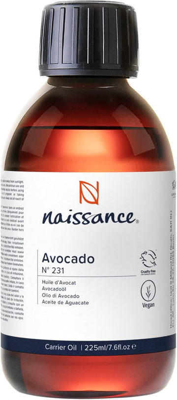 Naissance Avocado Oil (No. 231) - 225ml - Natural, Vegan - Moisturiser for Skin, Face, Nails, Body, Hair, Growth, Nails, Soap Making, Massage