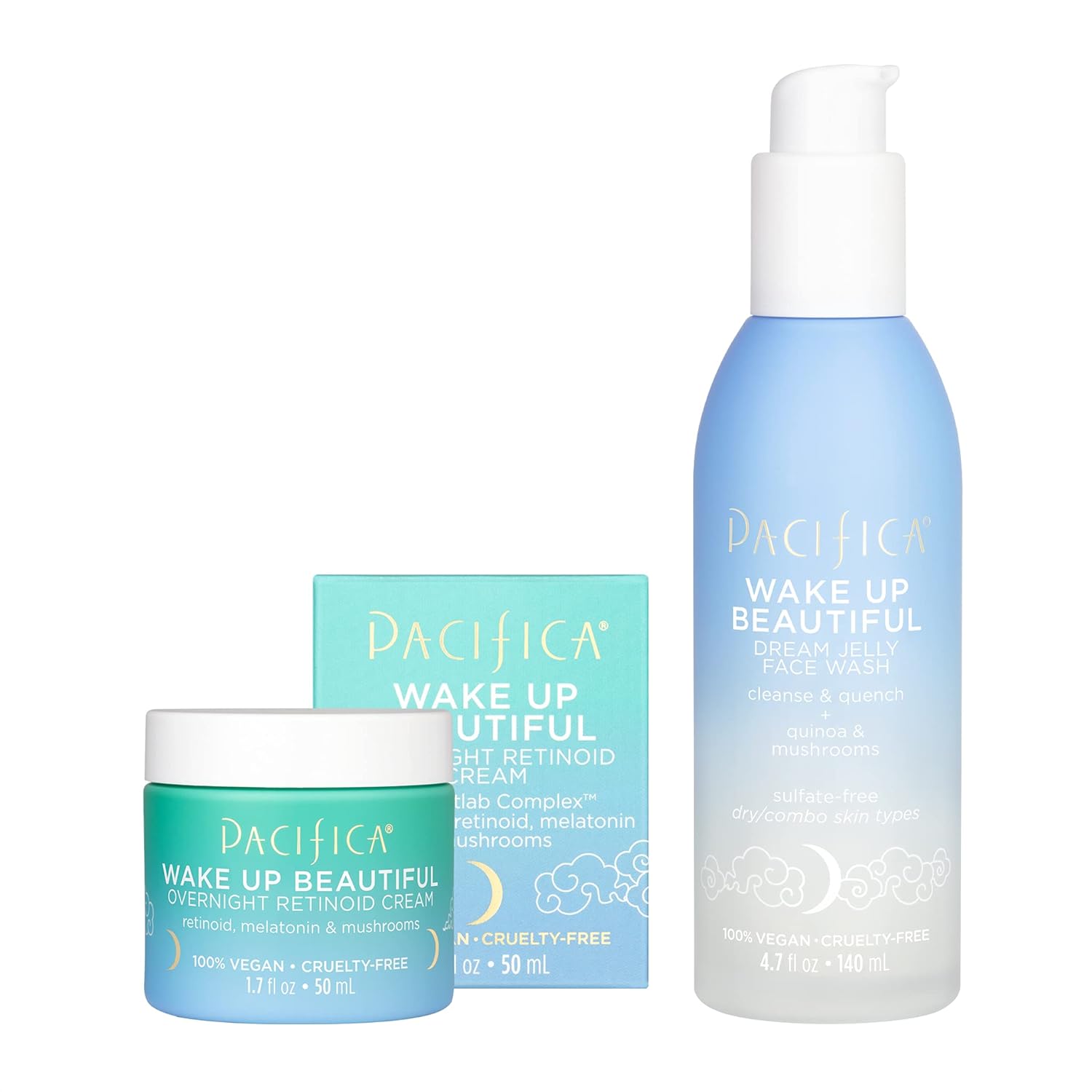 Pacifica Wake Up Beautiful - Dream Jelly Face Cleanser & Overnight Retinoid Cream for Dry, Aging Skin - Hyaluronic Acid, Melatonin, 2 Count