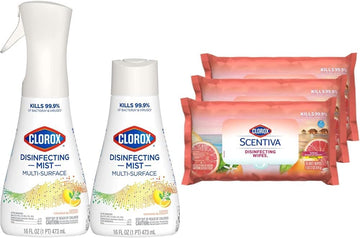Clorox Cleaning Bundle Disinfecting Mist Lemon & Orange Blossom Scent 1 Spray Bottle, 1 Refill, 16 Fl Oz Each Scentiva Disinfecting Wipes, Pacific Breeze Coconut Scent-3-Pack-75Ct Each