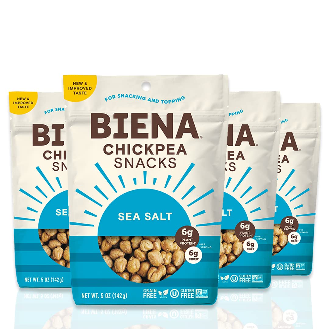 Biena Crispy Roasted Chickpea Snacks, Sea Salt, High Protein Snacks, High Fiber Snacks, Gluten Free, Plant-Based, Healthy Snacks for Adults and Kids, 4-Pack 5 Ounce Bags