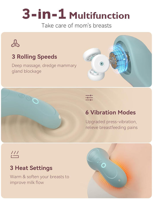 Momcozy Rolling Lactation Massager With Heat, 3-In-1 Real-Like Massage For Relieve Clogged Ducts, Breast Massager Warming For Breastfeeding, Improve Milk Flow, Blue-Green