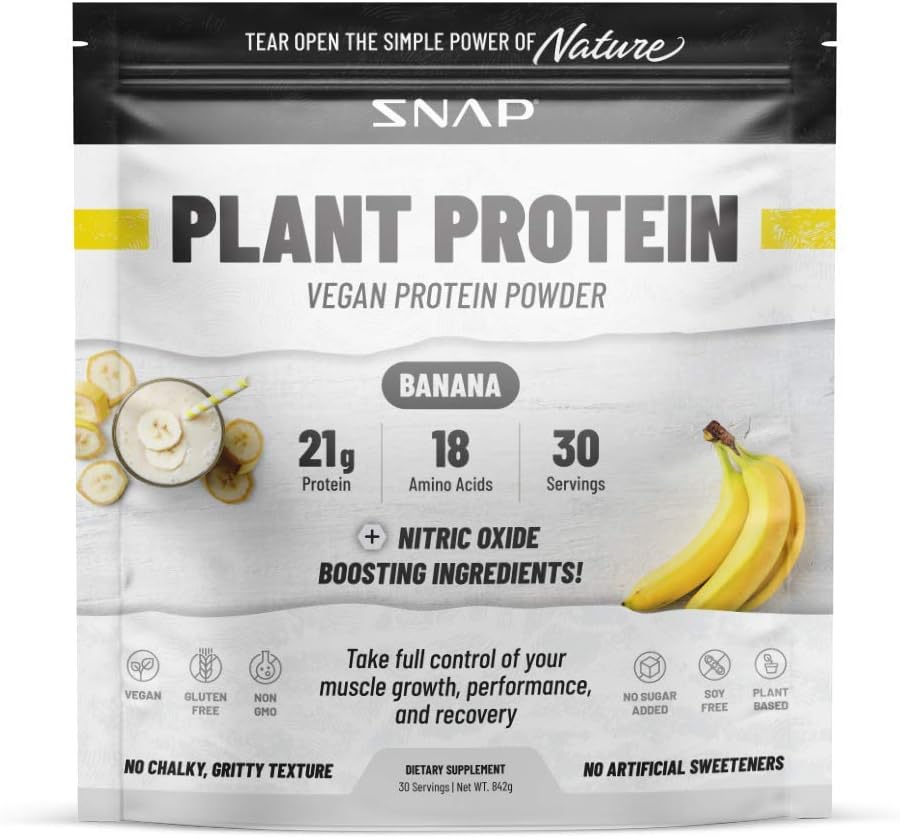 Snap Supplements Organic Plant Based Vegan Protein Powder Nitric Oxide Boosting Protein Powder, Vanilla Bean, Bcaa Amino Acid For Muscle Growth, Performance & Recovery - 30 Servings (Banana)