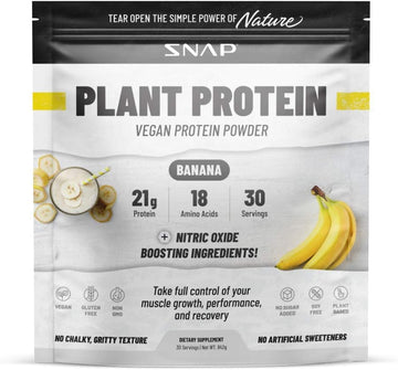 Snap Supplements Organic Plant Based Vegan Protein Powder Nitric Oxide Boosting Protein Powder, Vanilla Bean, Bcaa Amino Acid For Muscle Growth, Performance & Recovery - 30 Servings (Banana)