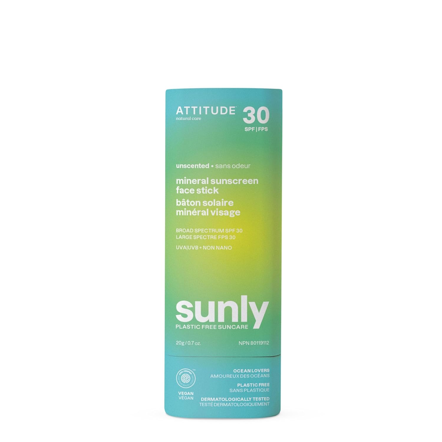 Attitude Mineral Face Sunscreen Stick With Zinc Oxide, Spf 30, Ewg Verified, Plastic-Free, Broad Spectrum Uva/Uvb Protection, Dermatologically Tested, Vegan, Unscented, 0.7 Ounce