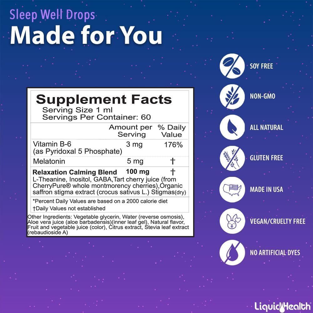 Liquidhealth Sleep Well Natural Sleep Aid Melatonin Drops - Better Sleep & Mood, Relax & Calm Mind, Fall Asleep Faster Stay Asleep Longer - Made In Usa, Vegan, Sugar-Free, Drug Free, Non-Gmo (2 Oz) : Health & Household