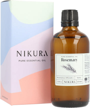 Nikura | Rosemary Oil for Hair Growth - 100ml | Pure Rosemary Essential Oil for Hair, Beard, Massage, Candles, Focus | Use in Aromatherapy Diffuser | Vegan, 100% Pure